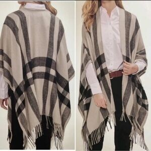 Banana Republic Cashmere Blend Erin Plaid Neutral Wrap Scarf Fringed Cozy OS